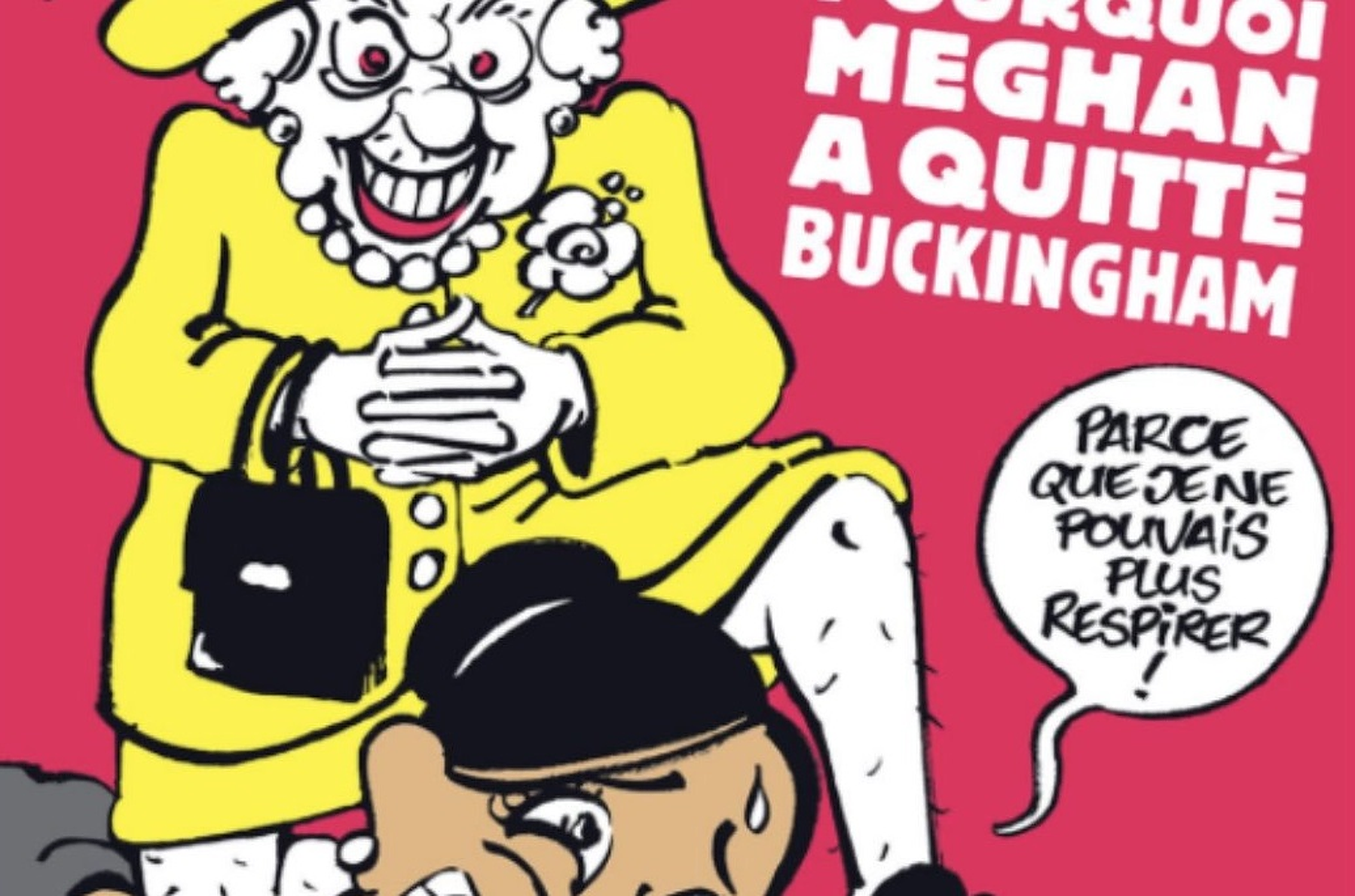 Charlie Hebdo| Caricatura care o înfățișează pe Regina Angliei în chip de ucigaș al Ducesei Meghan Markle este aspru criticată