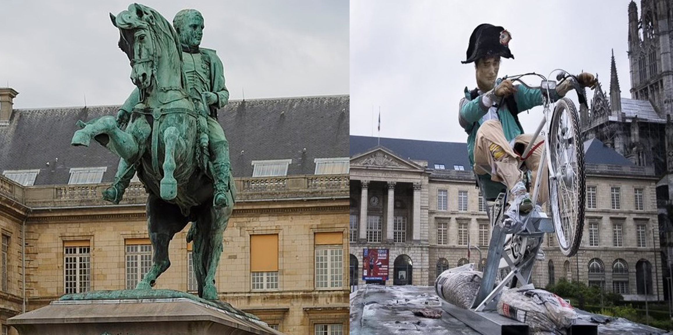 I-au luat caii de la bicicletă| Pe soclul statuii lui Napoleon a fost expusă o creație care-l înfățișează pe împărat în rol de livrator. „Are clasă”